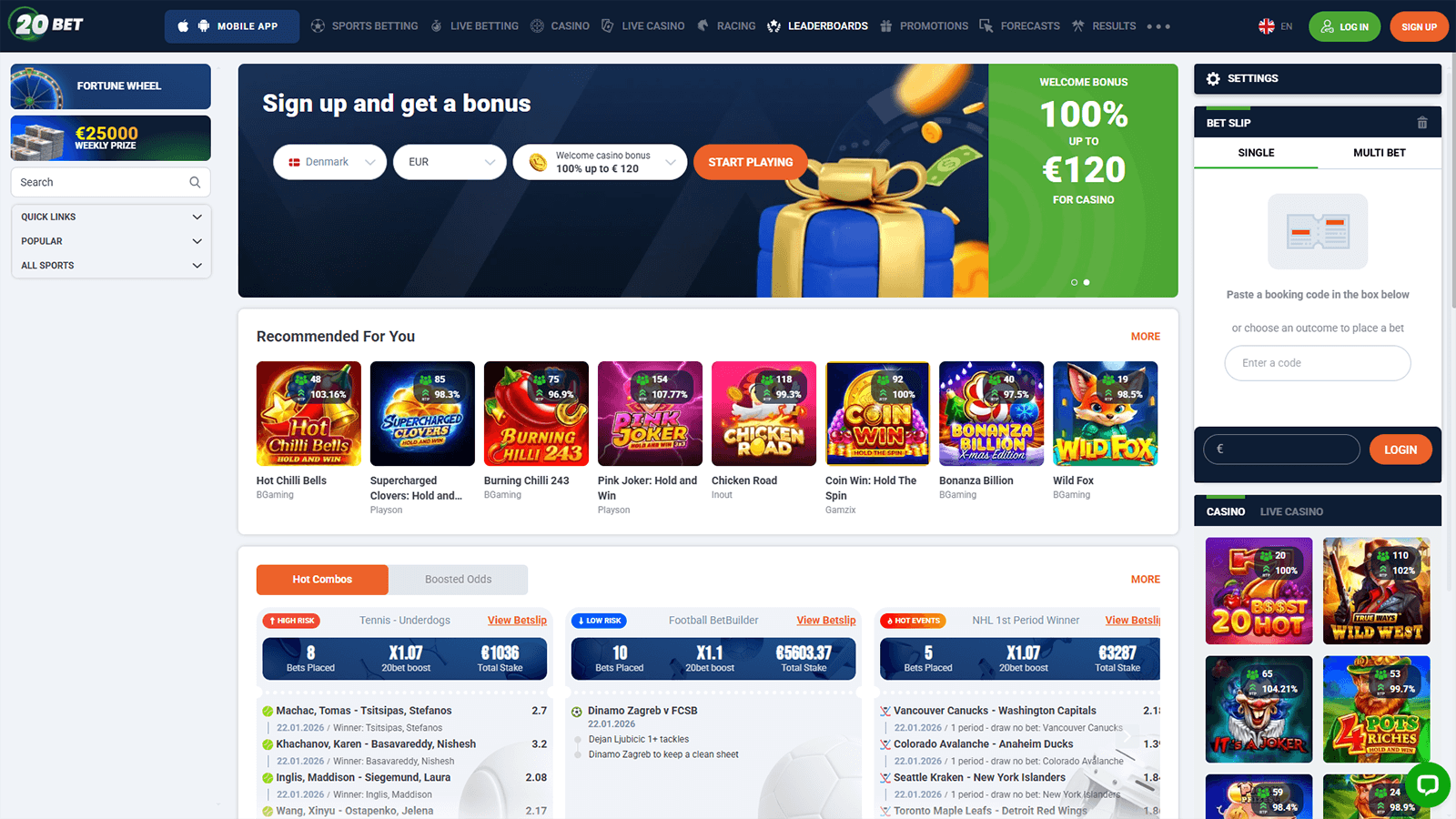 20Bet Casino hjemmeside i Danmark